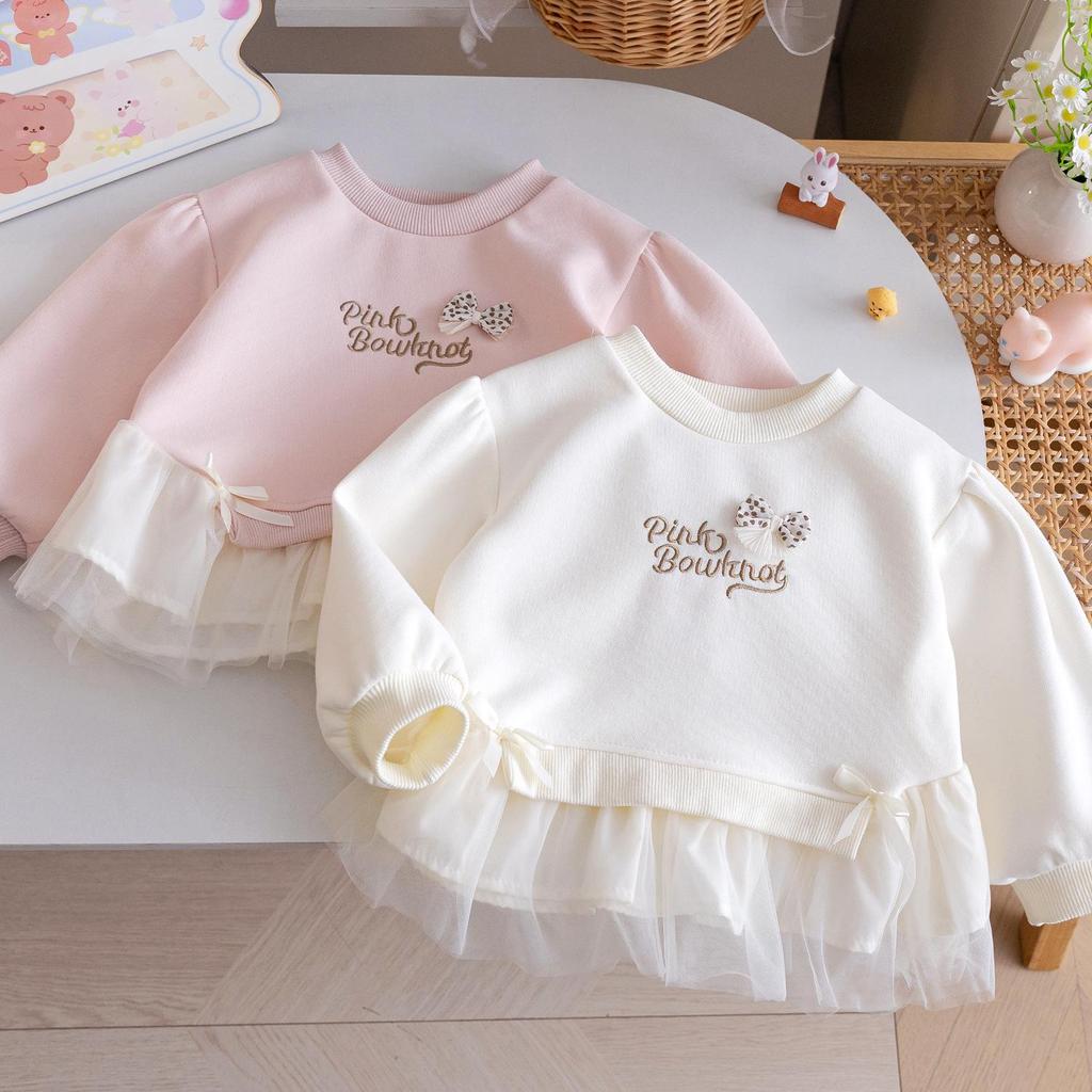 Autumn 25 Lace Trim Korean Style Sweatshirt for Girls - Embroidered Bow Top with Trendy Lettering