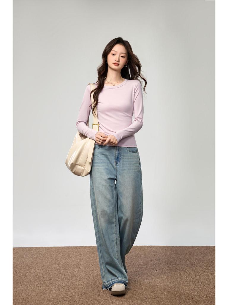 Women's Autumn 2025 Long-Sleeve T-Shirt: Combed Cotton, Versatile Design with Exposed Stitching, Simple Round Neck.