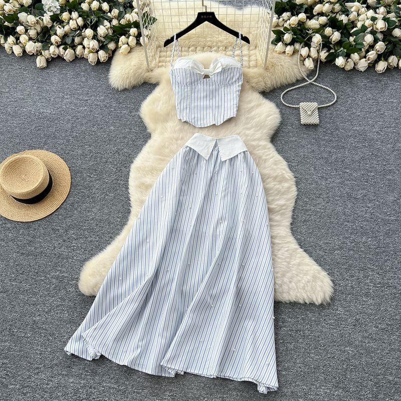 

Дофамин Чистое Желание Гяру Комплект Женский Летний Полосатый Слинг Топ-Труба Жилет + С Завышенной Талией Слимминг Большой Подол Платье Миди Picture Color S