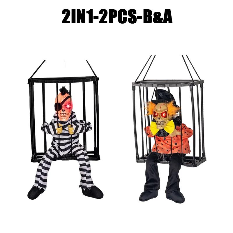 Halloween Decoration Prisoner Ghost In Cage Scary Skull Prop Electric Skeleton Toy Glowing Eye Sound Doll Hangable Talking Ghost