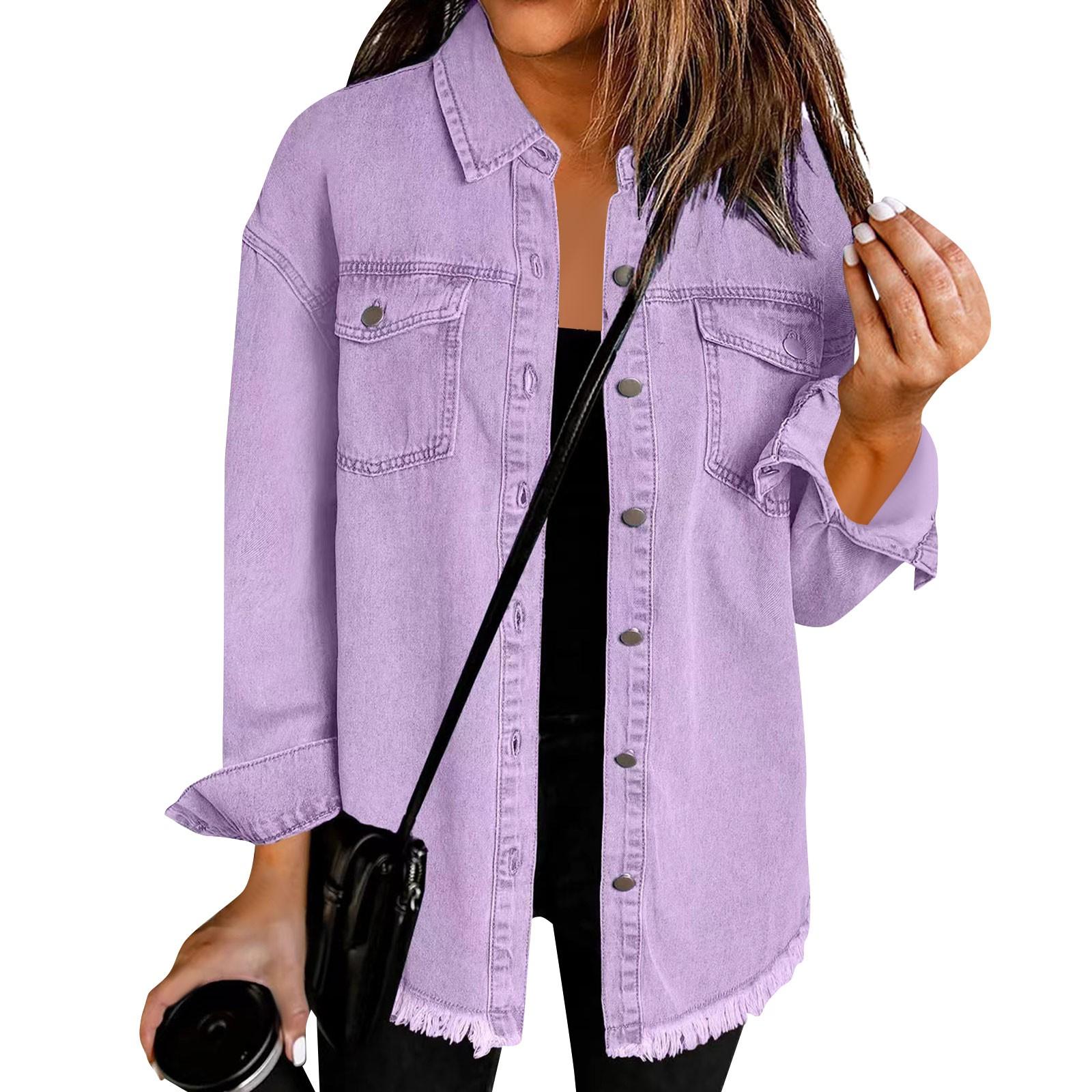 Damenmode Jeanshemdjacke gefräster Saum Knopf lässige Langarmjacke S violett