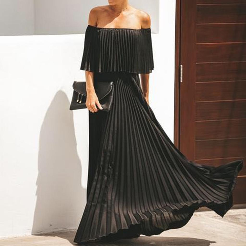 Women's Fashion Casual Solid One Line Collar Sexy Off Shoulder Chiffon Dress