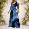 Women Plus Size Cold Shoulder V Neck Tie Cuff Short Sleeve Swirl Printed A Line Long Dress