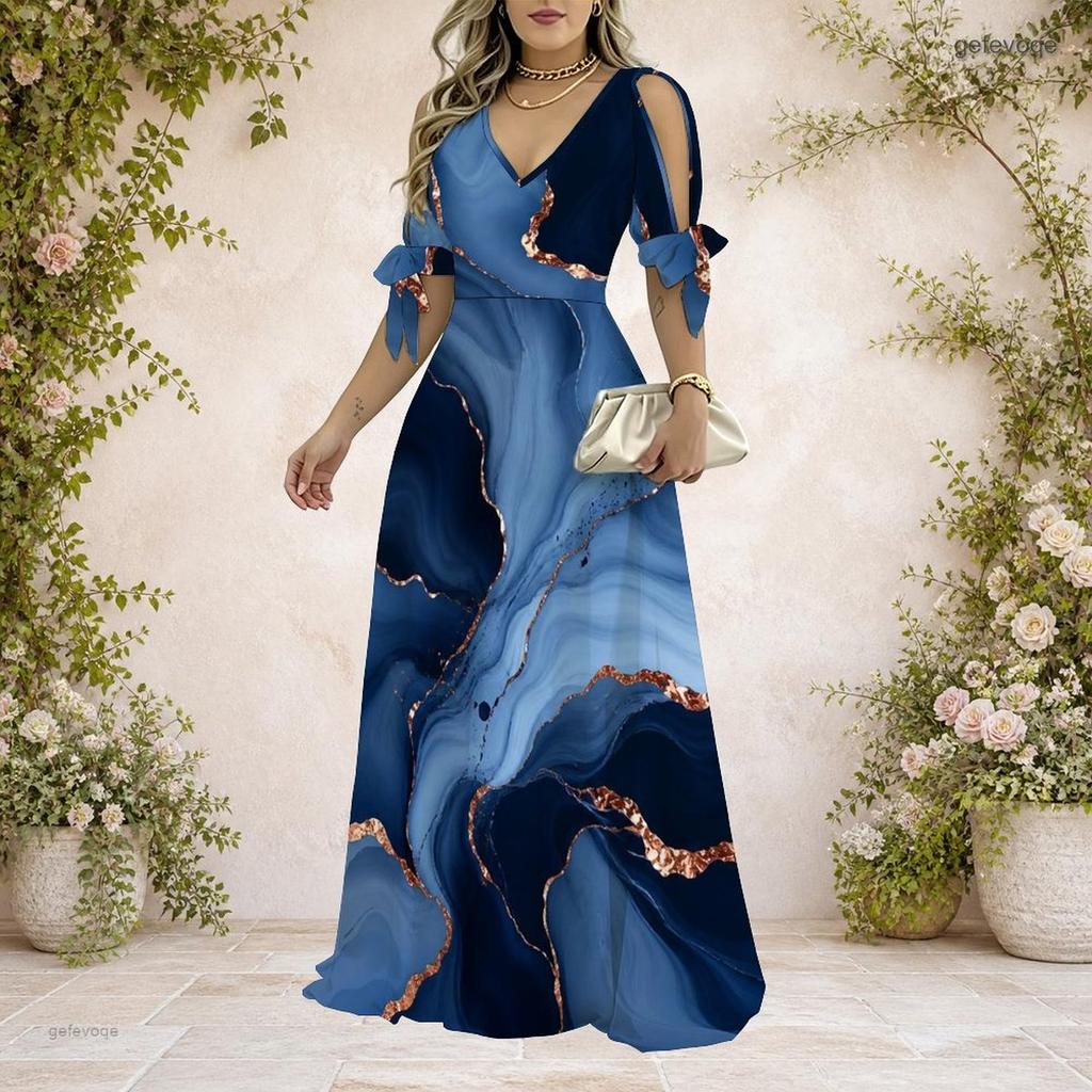 Women Plus Size Cold Shoulder V Neck Tie Cuff Short Sleeve Swirl Printed A Line Long Dress