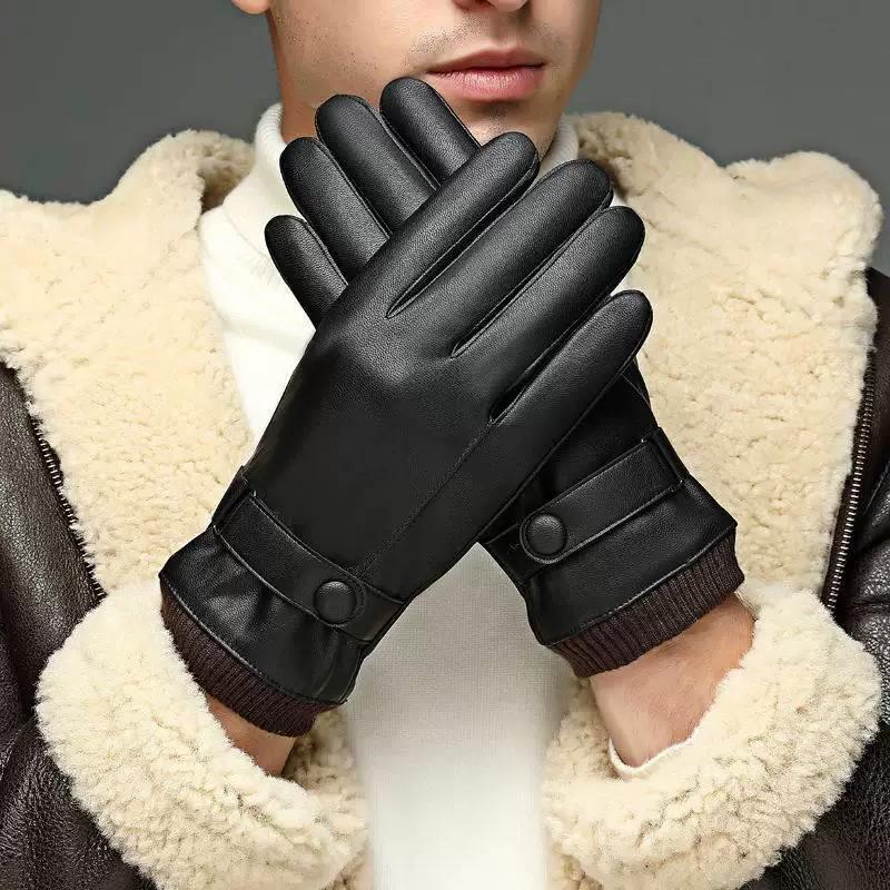 Autumn and Winter Leather Gloves for Men, Thin Style, Touchscreen-Compatible, for Driving, Cycling, and Motorcycling, Pu Leather with Fleece Lining