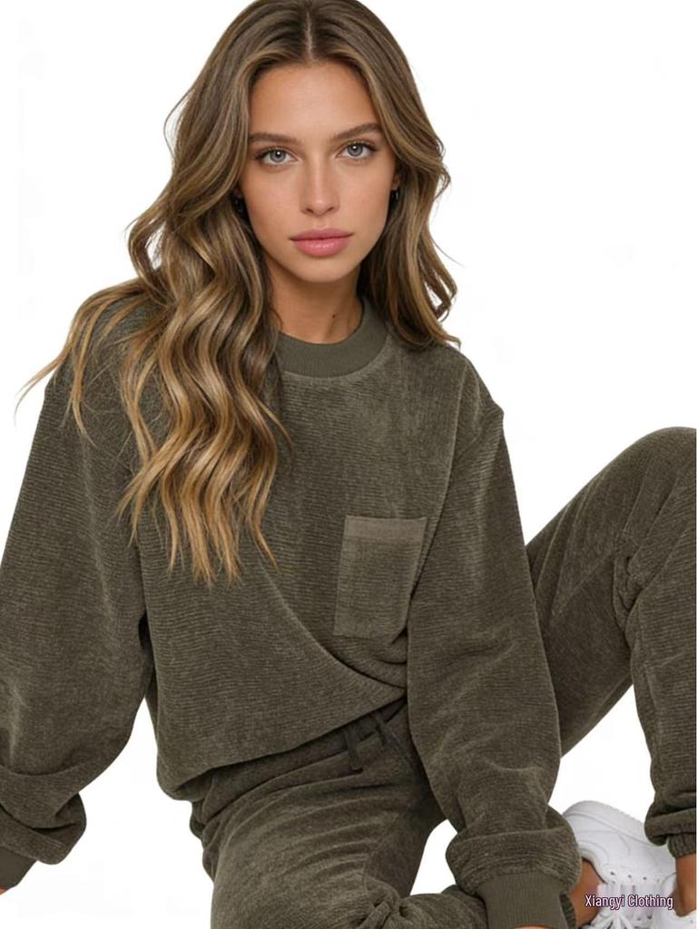 European & American Autumn/Winter Corduroy Solid Color Pullover with Foot-tie Pants Set