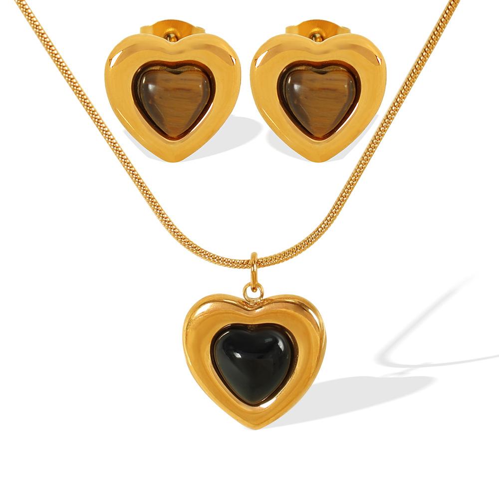 French Retro Niche Design Glass Stone Tiger'S Eye Stone Love Jewelry Set Women'S Simple High-End Clavicle Neck Chain