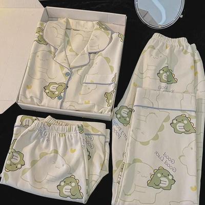 Adorable Dinosaur Cartoon Summer Three-Piece Set: Short-Sleeve, Shorts, and Long Pants for Home Wear