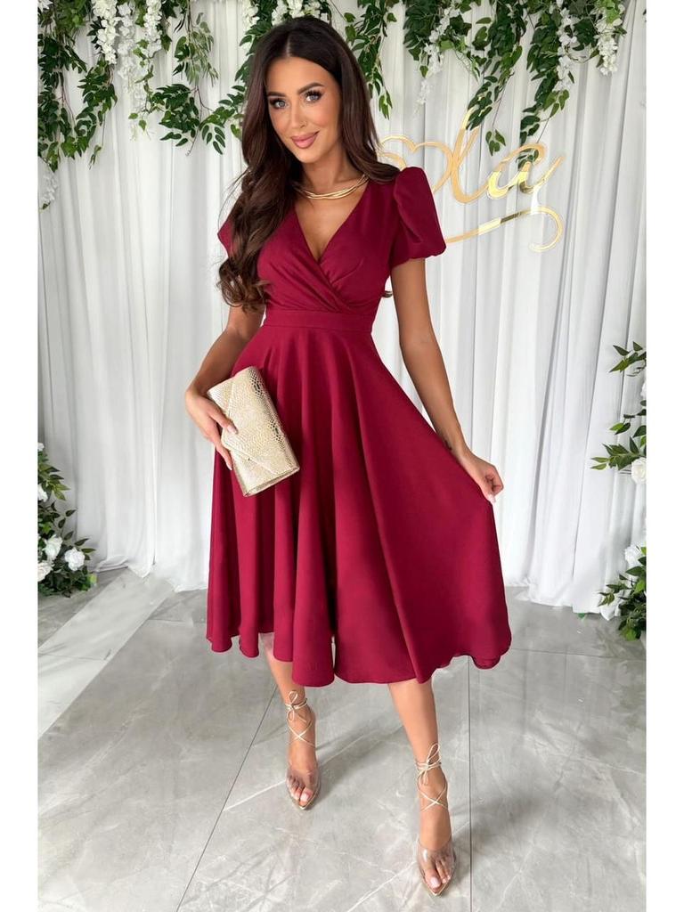Summer 2025 Solid Color V-Neck Puff Sleeve Commuter Dress