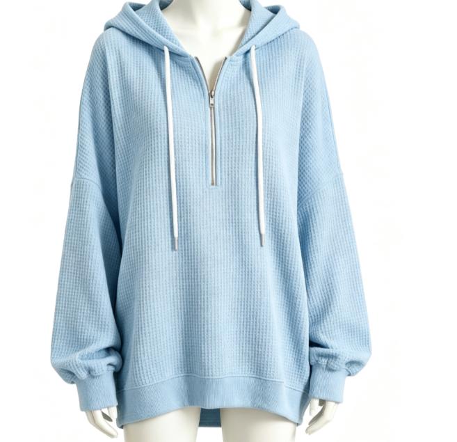 Women's Zip Up Hoodie Waffle Knit Drawstring Oversized Batwing Sleeve Jacket