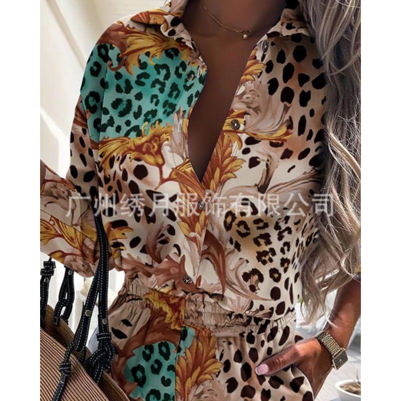 

Printed Buttons Shirt Short Set Print Button Design Shirt Shorts Suit Leopard Green M