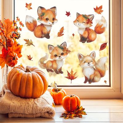 Wholesale of Cartoon Cute Little Foxes and Leaf Glass Door and Window Home Beautification Stickers, Electrostatic Uv