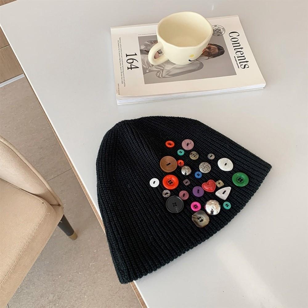 Colorful Button Beanie Hat Cuffed Personality Cold Cap Fashion Knitted Hat