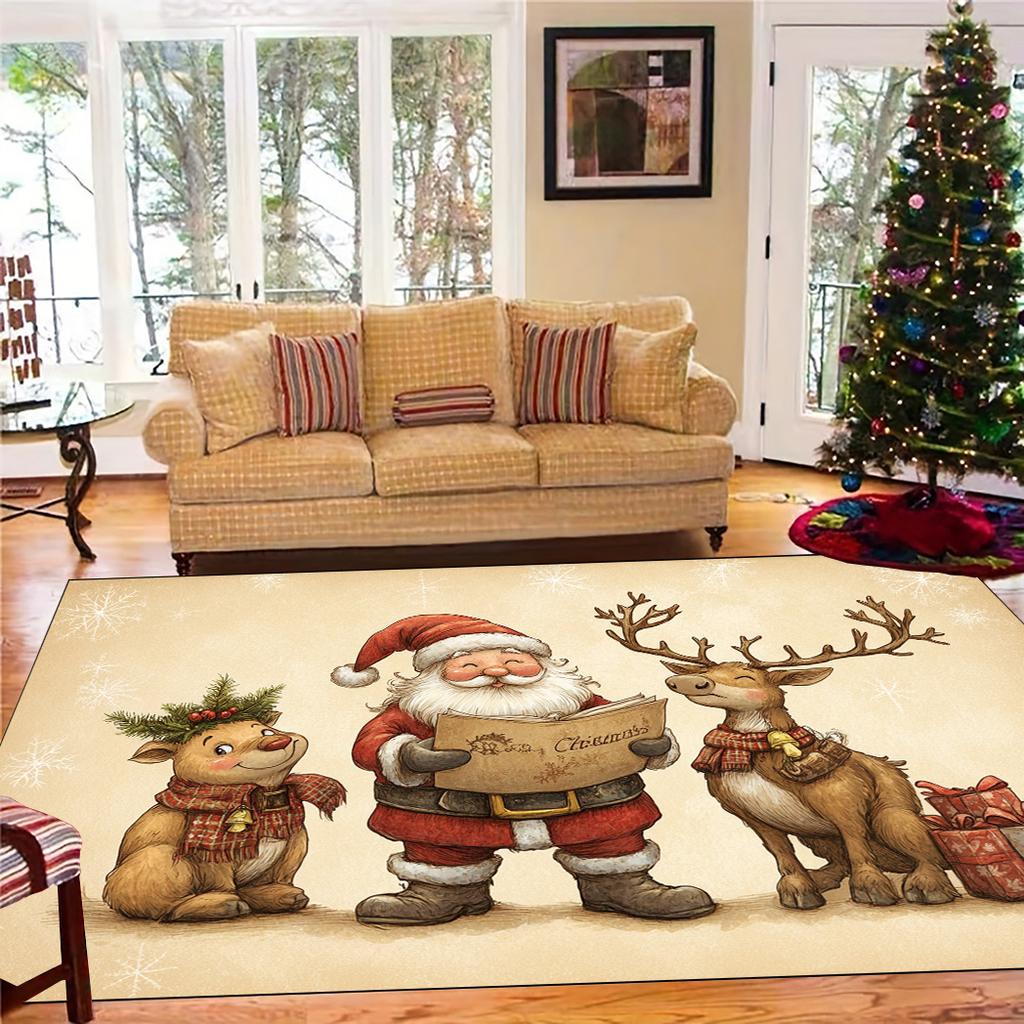 2D Flat Christmas Rug, Santa Reindeer Gift Pattern Mat, All‑Season Home Decor for Patio Garden Bedroom Living Room Indoor