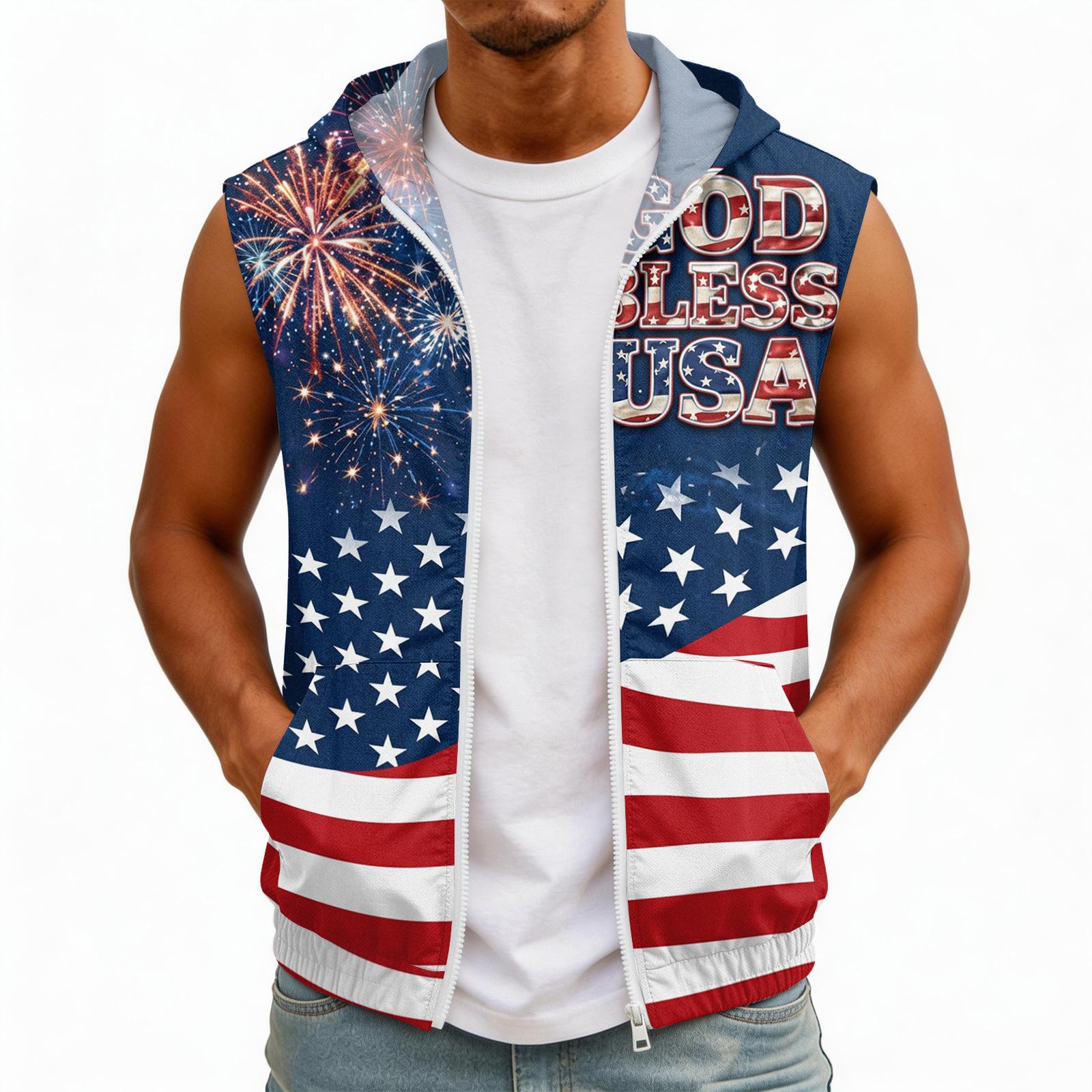 

Men Sleeveless Hooded Sun Protection Shirt Lightweight Pocketed Outdoor Vest UV Resistant Sleeveless Hoodie with Flag Print Design L фіолетовий