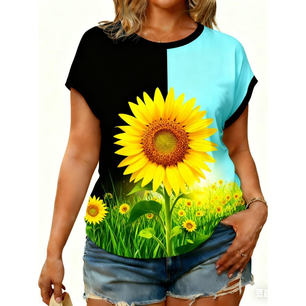 Tricouri de damă mărime mare XL-7XL Tricou de damă cu gât rotund, la modă, cu patchwork floral și imprimeu colorat, cu mânecă scurtă