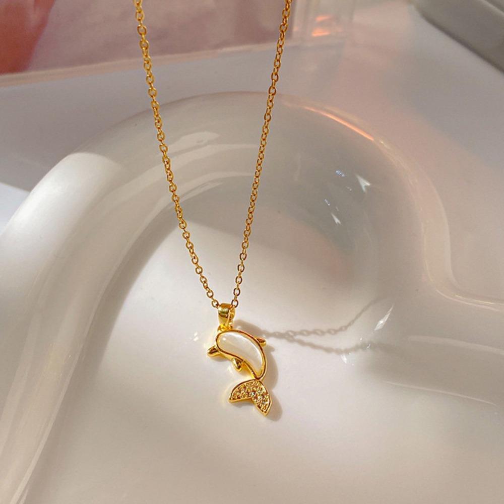 2026 Cute Dolphin Pendant Necklace - Gold Plated Zircon Tail Pearlescent Animal Collarbone Chain for Women Ocean Jewelry