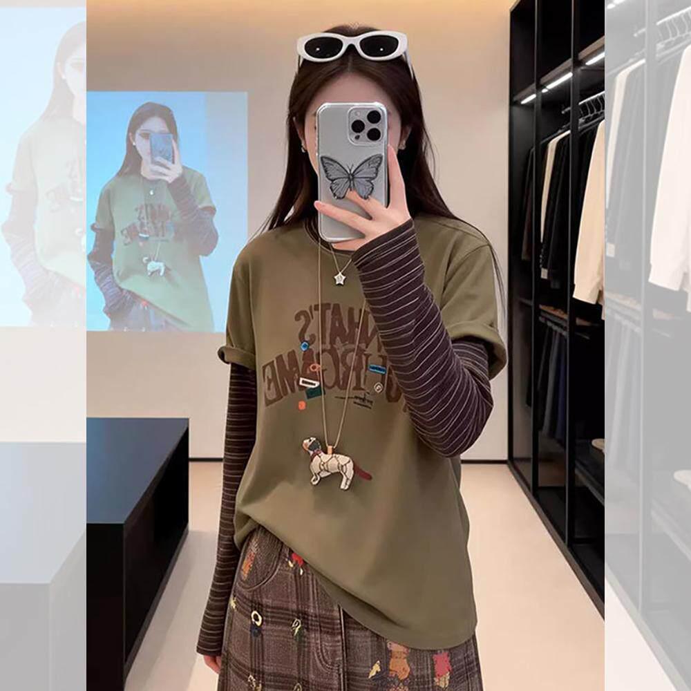 Trendy Women s Two-Piece Look: American-Style Long-Sleeve Spliced T-Shirt XL