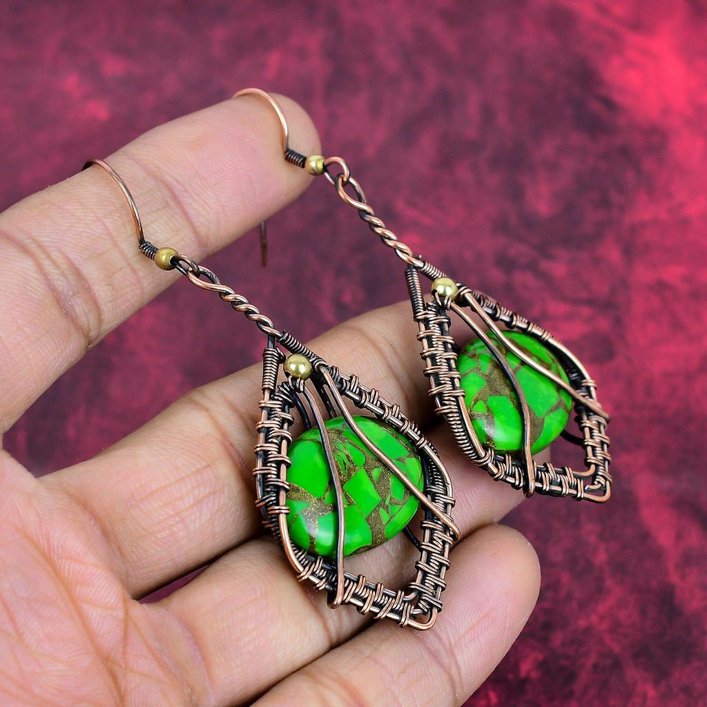 Brinco turquesa verde cobre brincos enrolados em fio de cobre joias de cobre feitas à mão brinco de pedra natural joias wrap de arame presentes para ela