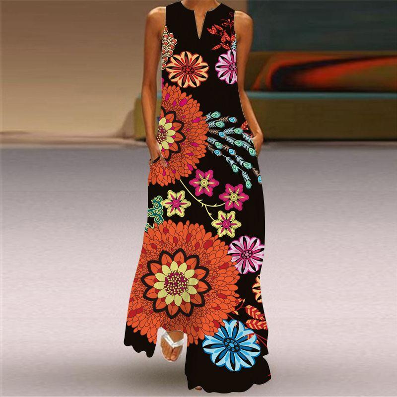 New Chinese Style Printed V-neck Multi-Color Sexy Sleeveless Dress