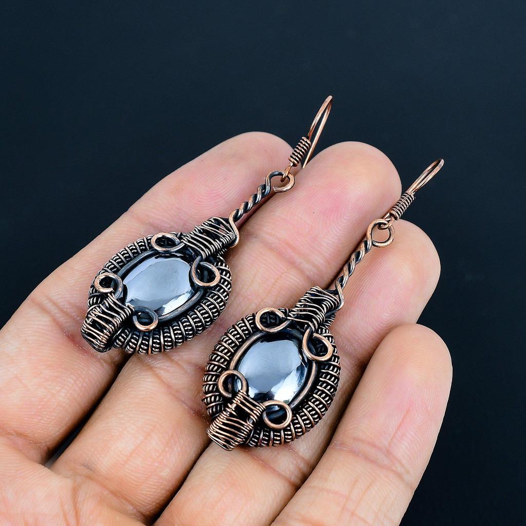 Shungite Handmade Gemstone Earrings, 999 Copper Wire Wrapped Earrings Antique Jewelry, For Thanksgiving