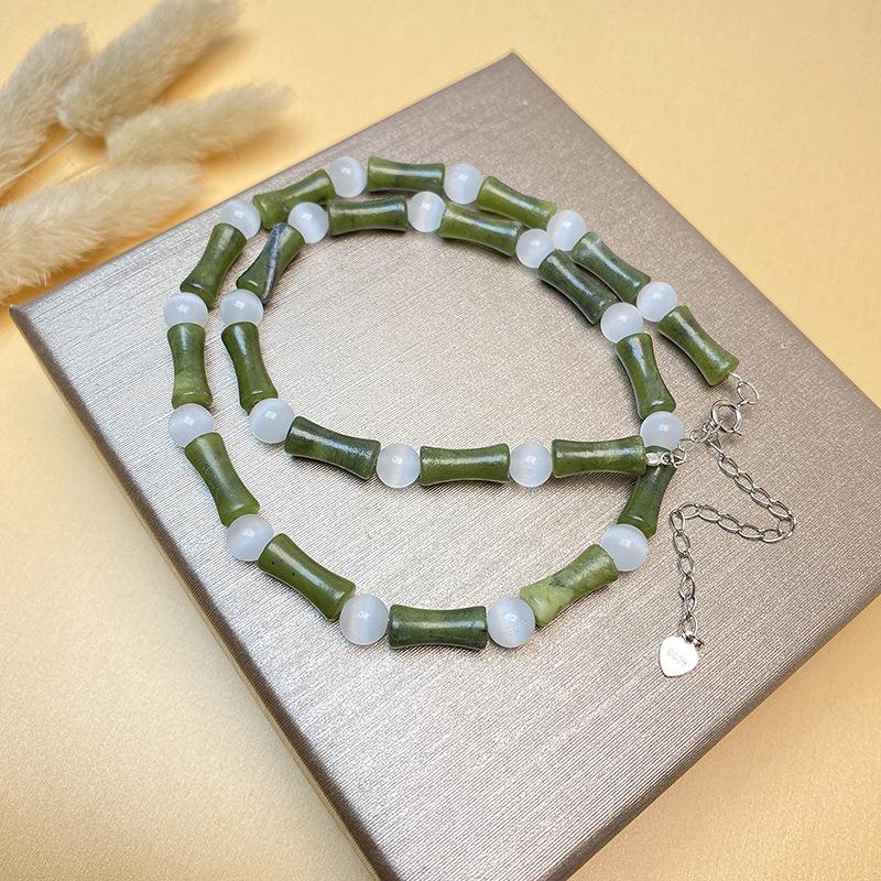 S925 Silver Bamboo-Style Necklace with Natural Olive Jade & Cat's Eye Beads: New Chinese Style for Men & Women