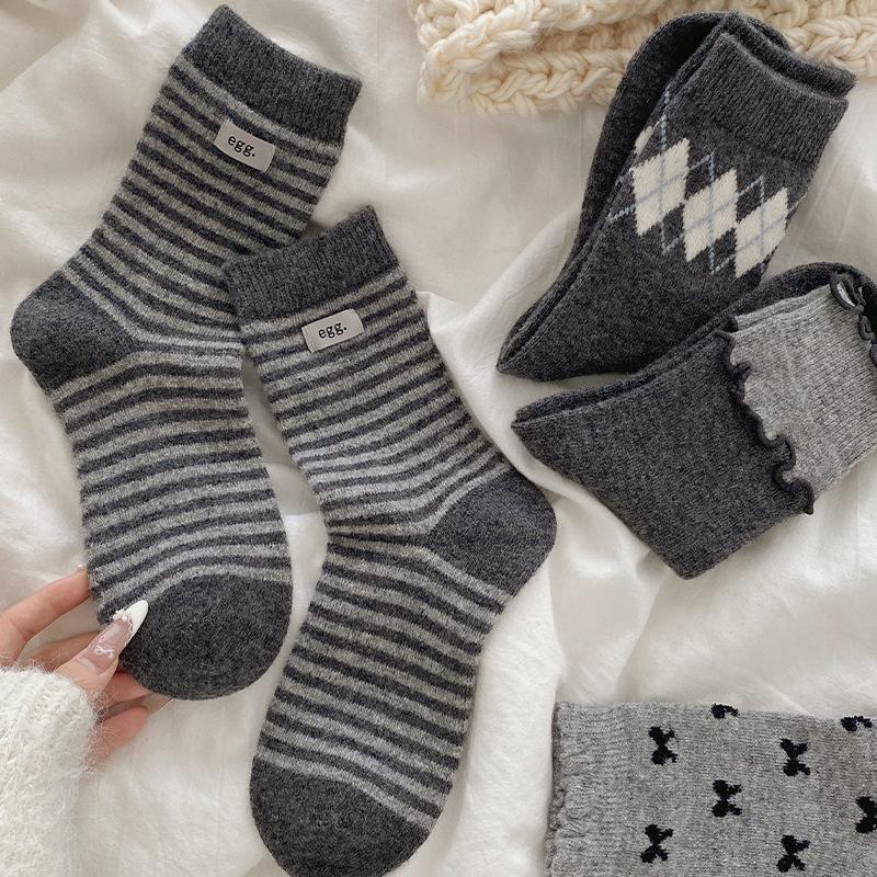 Socks Gray Boneless Wool Thickened Bow Warm Pile Socks Korean Socks Medium Tube Socks