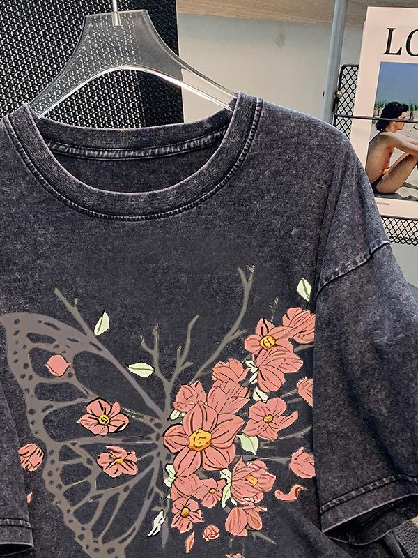 Unisex Retro Washed Cotton Short Sleeve T-shirt - Vintage Style, European & American Trend, Loose Five-Point Sleeve