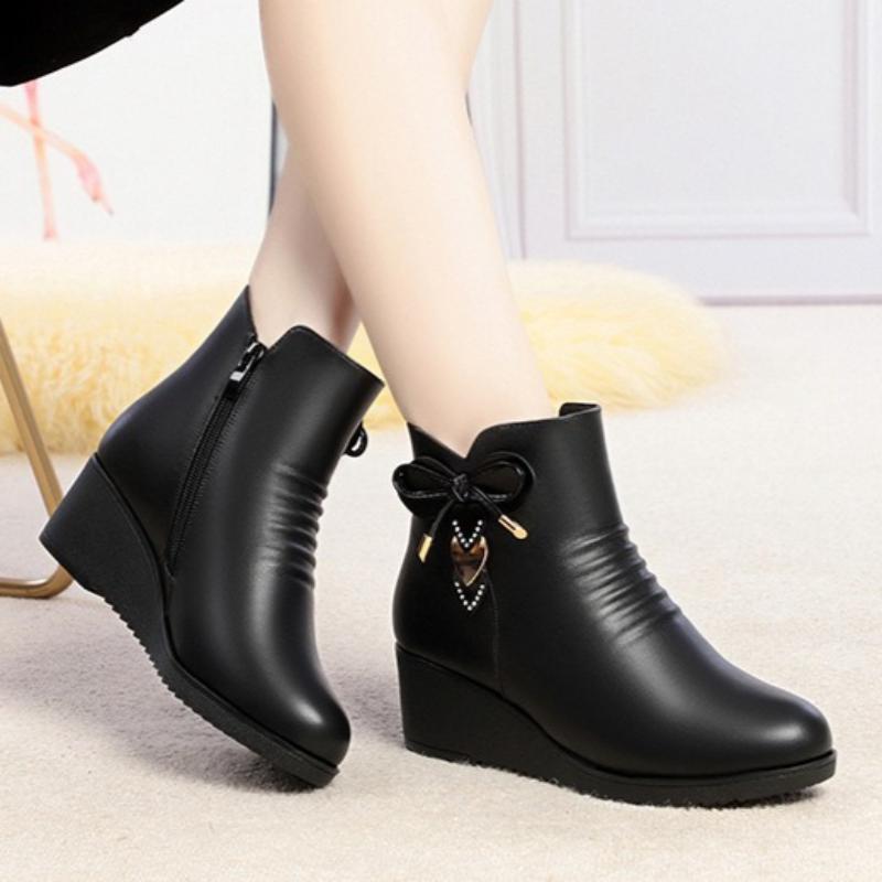 Women's Wedge Heel Fleece-Lined Short Boots for Autumn and Winter - Versatile and Warm for Seniors
