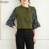 Women Casual Stand Collar Splice 3/4 Sleeve Loose Blouse