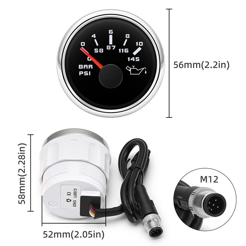 ZMFJH NMEA2000 52MM Oil Pressure Gauge M12 Plug 0-10Bar,0-145PSI Oil Press Meter PORT STBD Red LED for Marine Boat Yacht Vessel