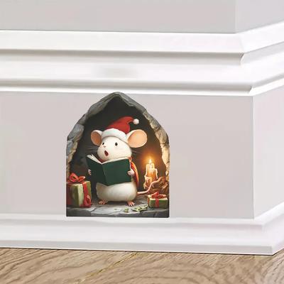 Topo Cartone Animato di Natale che Legge, Foro del Topo, Camera da Letto Casual, Soggiorno, Decorazione per la Casa, Adesivi Murali