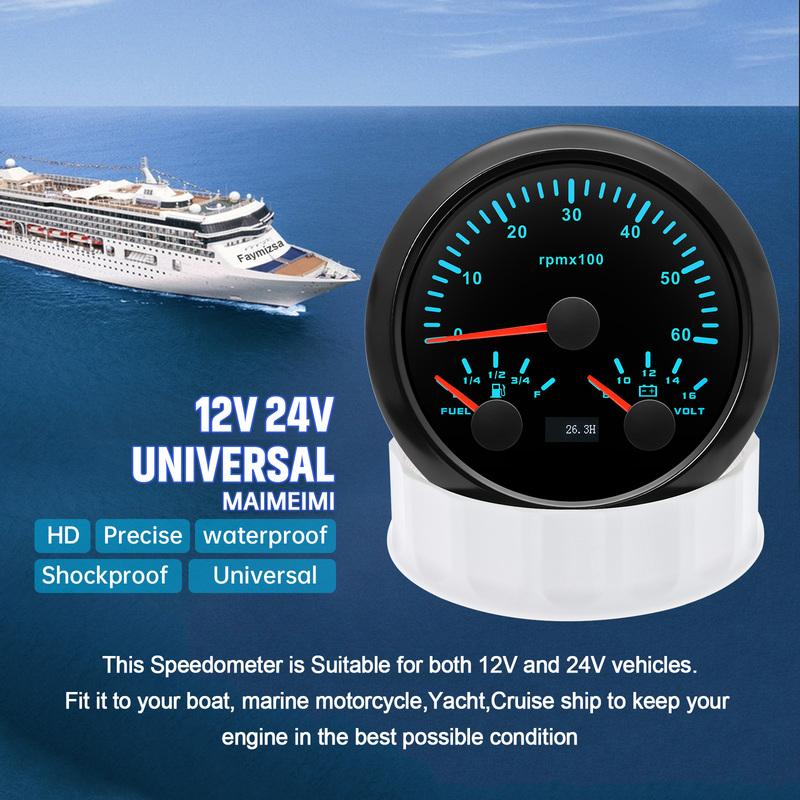 85mm Auto Car Gauge 3-in-1 Tachometer Fuel Level Voltmeter 7 Color Light Multimeter with Sensor 0-190ohm Boat/Yacht 12V