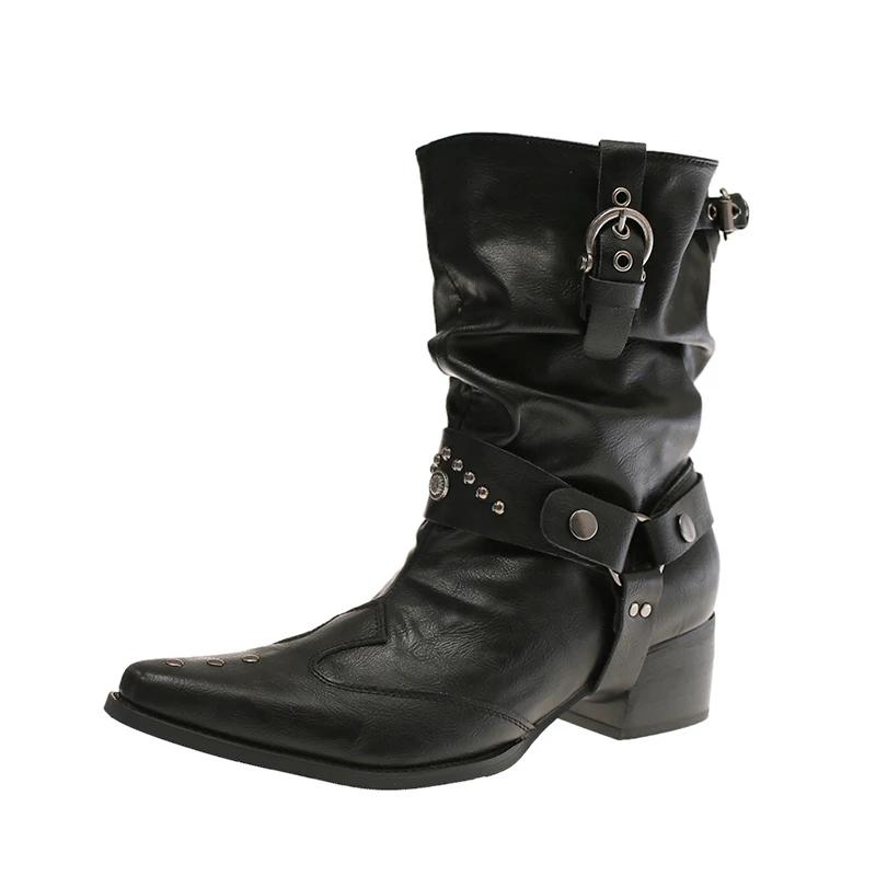 

Осень Новый Стиль Острый Носок Рукав-Фонарик Металлическая Пряжка с Заклепками Мягкая Подошва Нескользящий Толстый Каблук Одинарная Обувь Западные Ботильоны 42