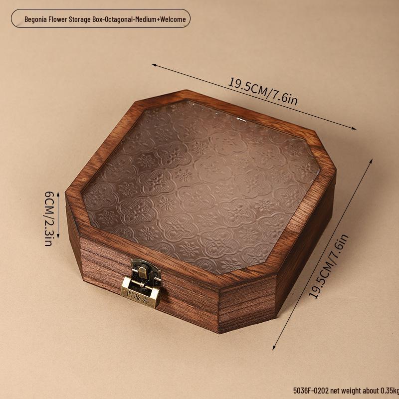 Retro Begonia Glass Lid Wooden Storage Box for Cosmetics, Snacks, Candy, and Documents - Dustproof and Multifunctional