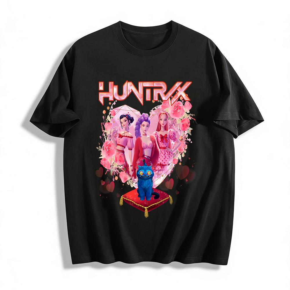 

Trendy HUNTRX Girl Group & Blue Cat Print T-Shirt Loose Casual Anime Style Top For Couples Pure cotton T-shirt XXS