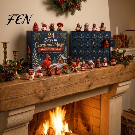 Numbered Hidden Drawer Box Red Bird Christmas Advent Calendar, 24 Unique Miniature Winter Decoration Items Figurines, Tree Hanging Ornaments