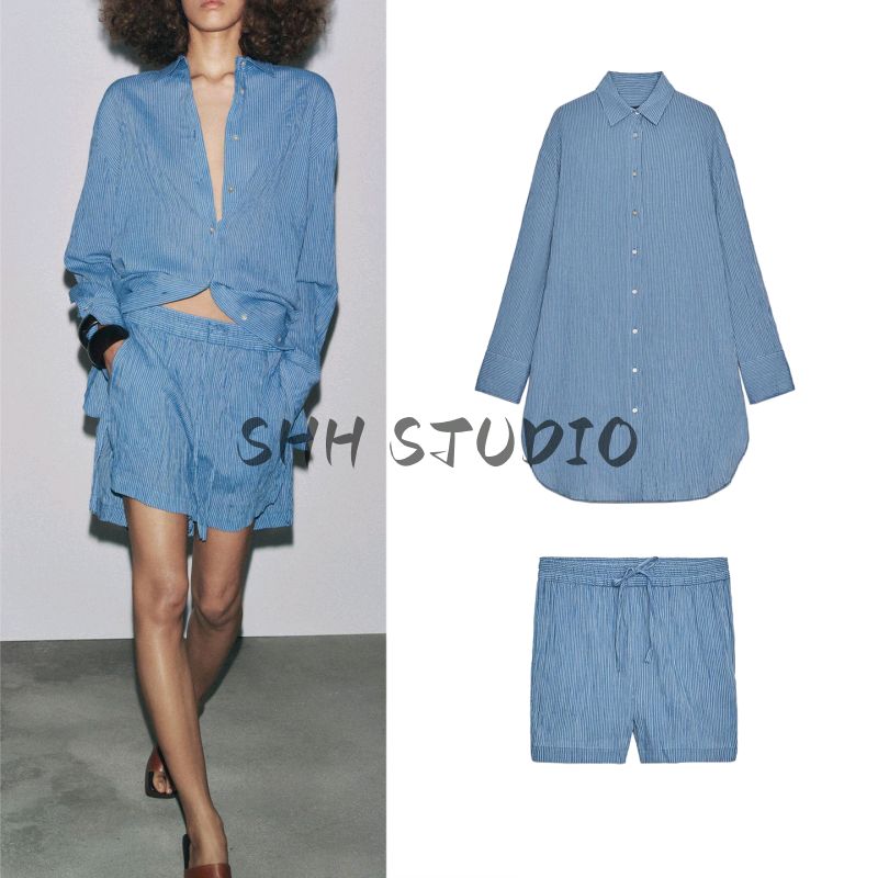 Cotton Blend Lapel Long sleeve Stripe Long Shirt 3796089 Stripe Mid Waist Casual Shorts 3766089