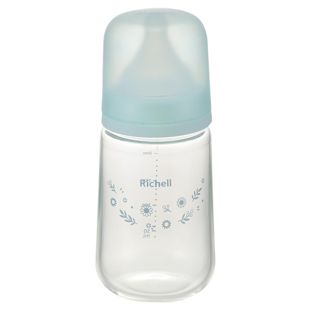 Richell Hanaemi Glass Baby Clear for Babies Aged 3 Months and Up Bottle, 240mL, Blue,