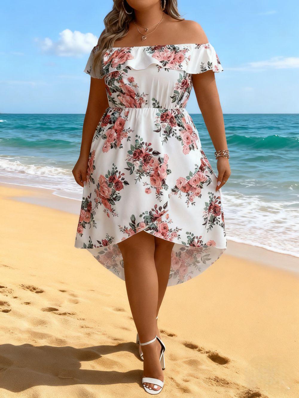 Floral Print Ruffle Cross Front High-Low Plus Size Dress - 2026 European Summer Collection 1XL белый