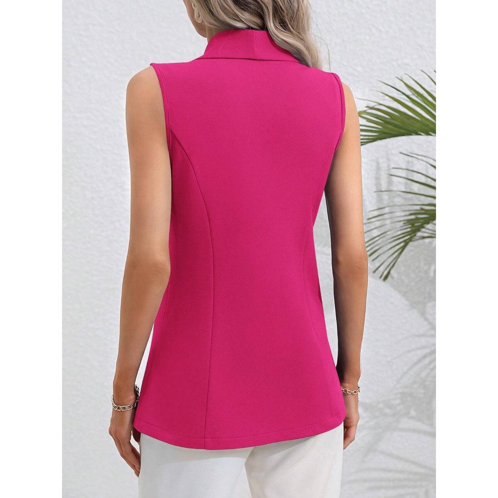 IHUASU Spring and Autumn Solid Color Cardigan Single Button Jacket Sleeveless Round Neck Coat for Women