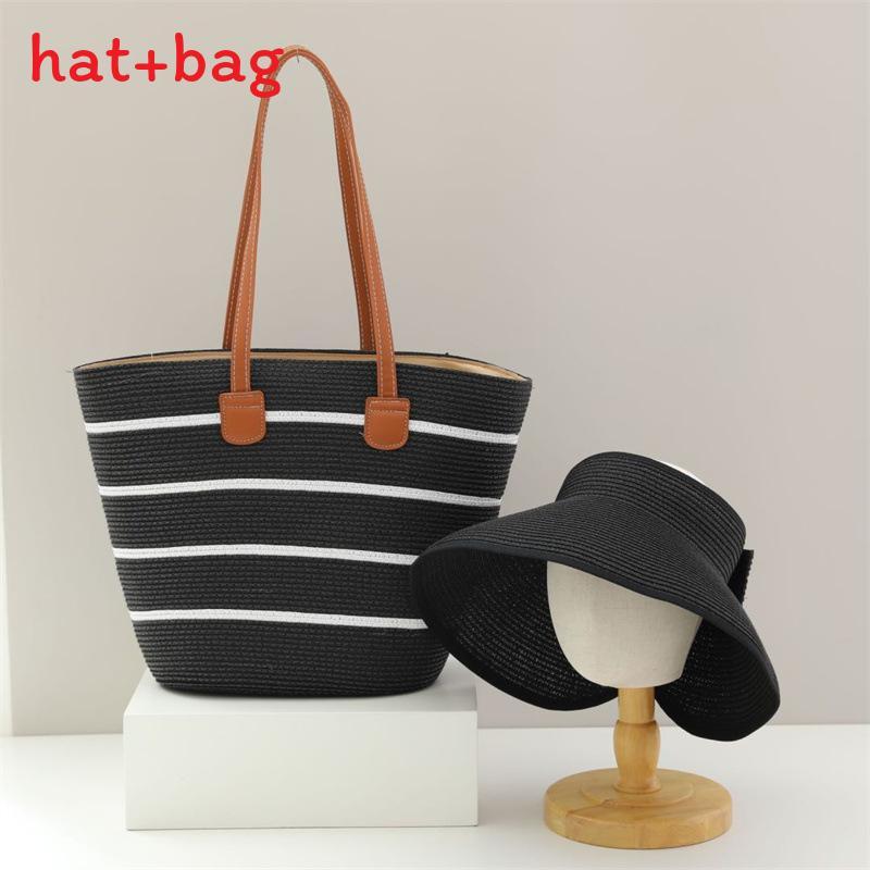 Woven Sun Hat And Large Capacity Straw Tote With Striped Pattern For Travel And Casual Wear