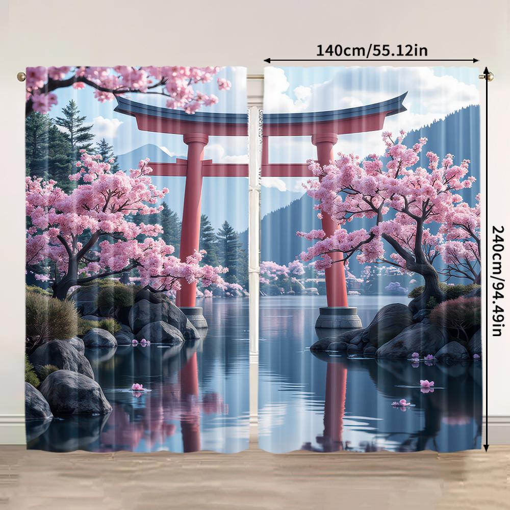 2pcs, 2D flat printing Party Window Curtains Sakura Torii Gate Japanese Art Blackout Polyester Birthday Party for aesthetic room