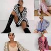 2024 Women's Houndstooth V-Neck Long Sleeve Color Block Knitted Cardigan Sweater