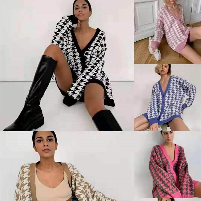 2024 Women's Houndstooth V-Neck Long Sleeve Color Block Knitted Cardigan Sweater