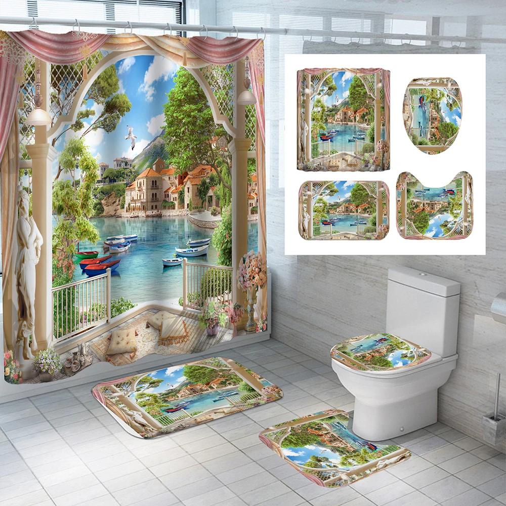 Sunny Beach Pattern Waterproof Polyester Shower Curtain With Hooks Anti-Slip Soft Bath Carpet Mat Lid Toilet Cover Home Decor