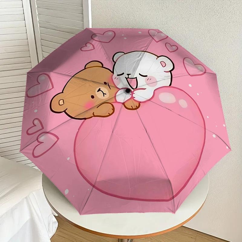 1pc Bear Heart Automatic Folding Umbrella 8 Rib Iron Frame, Compact Portable Umbrella Suitable for Travel, Daily Use, Birthday, Women & Men Gift 058