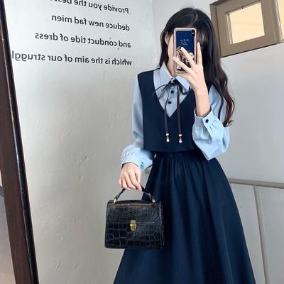 Großformat Damen-Fake-Zweiteiler-Kleid Damen Herbst Neu Retro-Design Temperament Schlankes Kleid