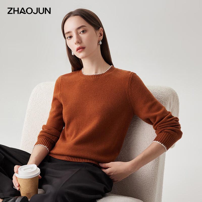 Zhaojun Women's Round Neck Wool Sweater with Lace Trim