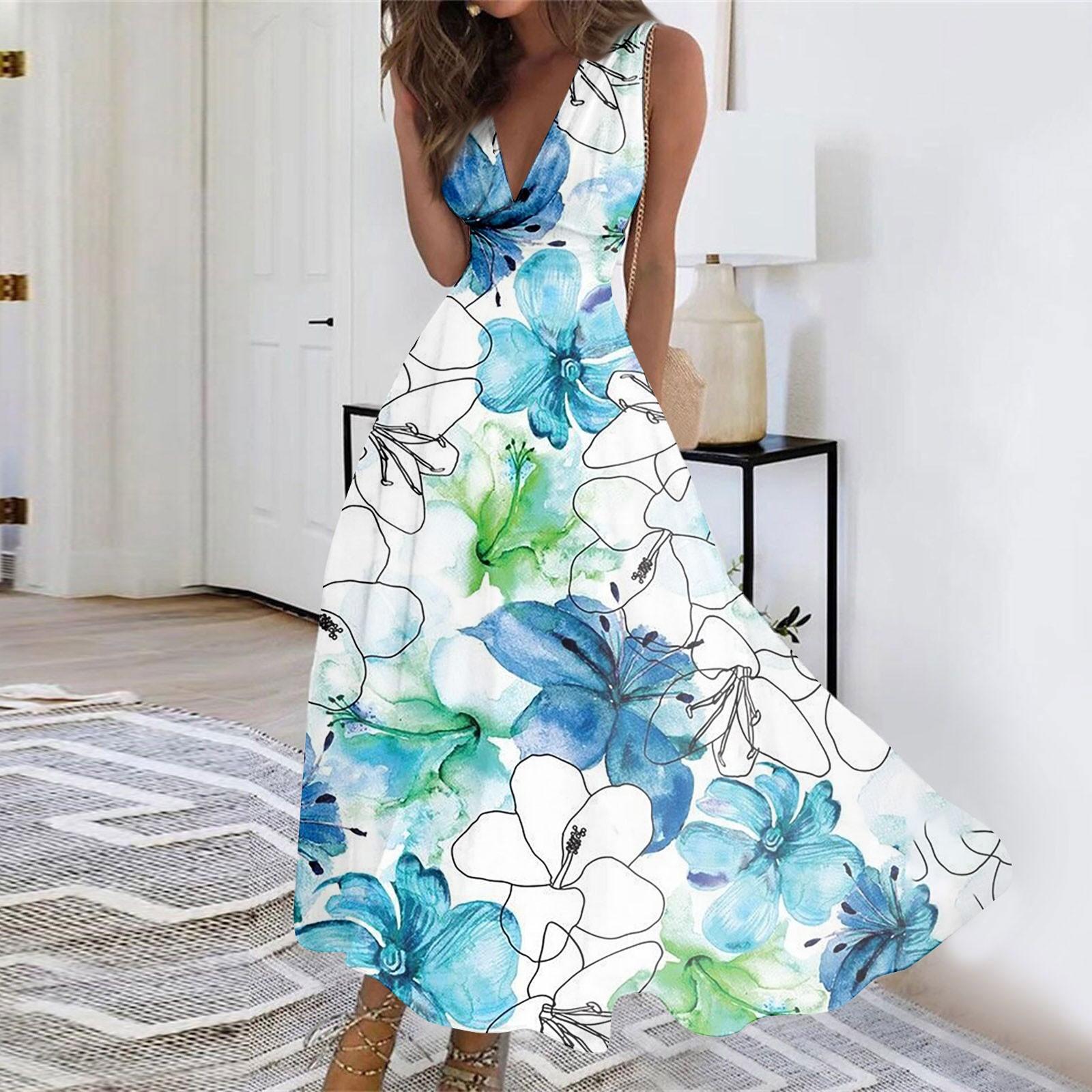 

Женское длинное платье Платье макси Повседневное платье Летнее повседневное платье без рукавов с v-образным вырезом в стиле бохо с талией и принтом S синий